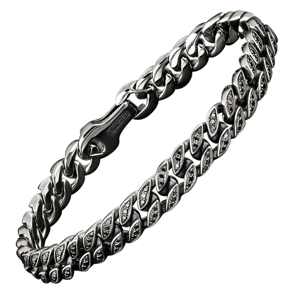 David Yurman Curb Chain Bracelet in Sterling Silver with Pavé Black Diamonds 