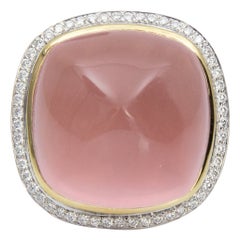 Pink Quartz Sugarloaf and Diamond Gold Ring Estate Fine Jewelry