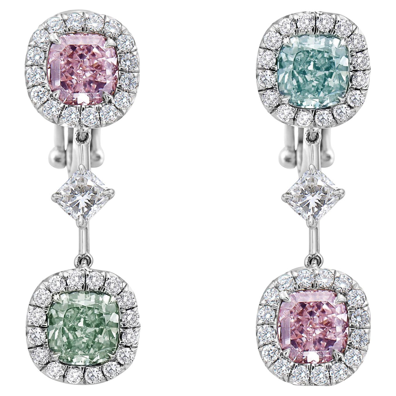 4.39ct GIA Pink & Green Diamond Drop Earrings For Sale