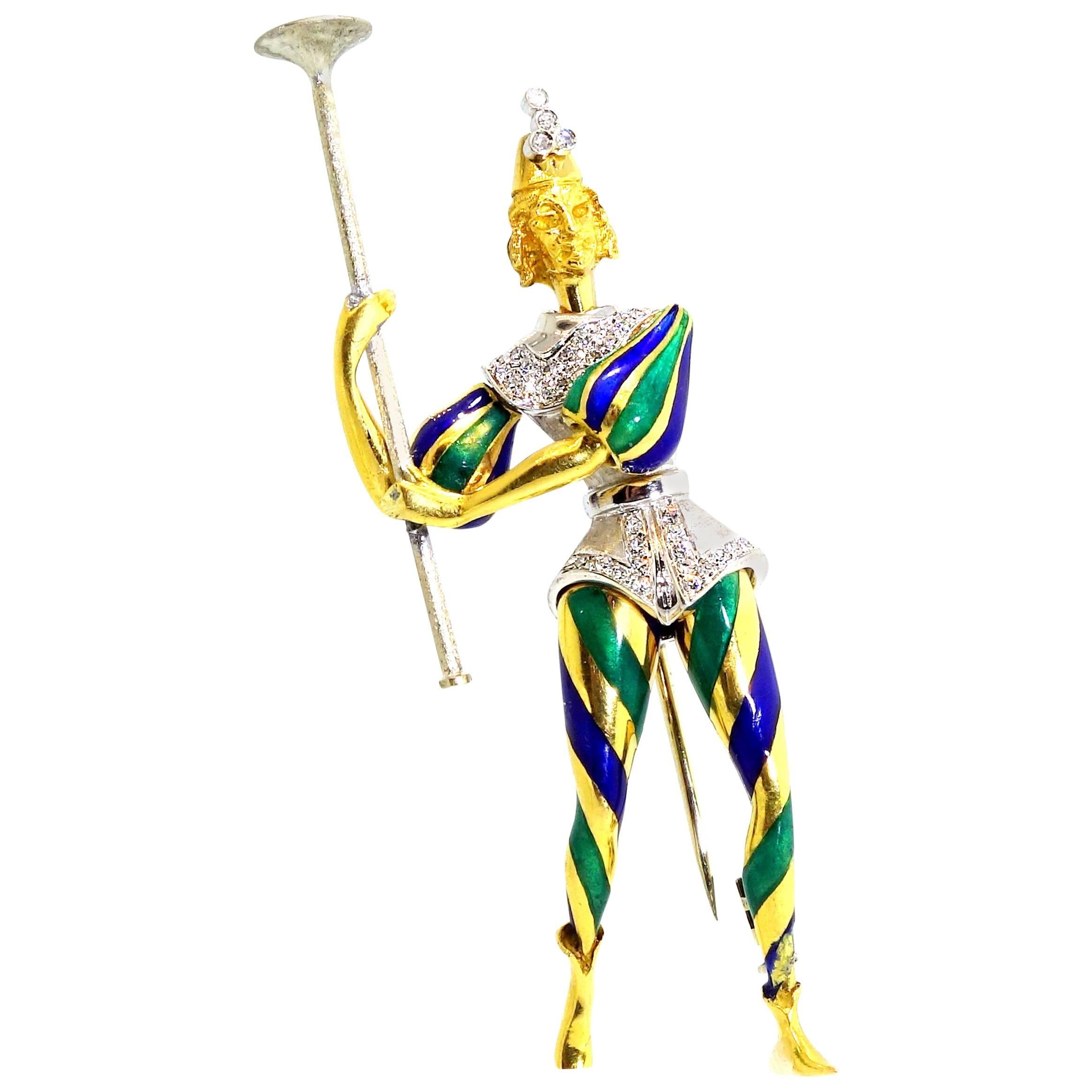 Enamel Diamond Gold Court Performer Brooch