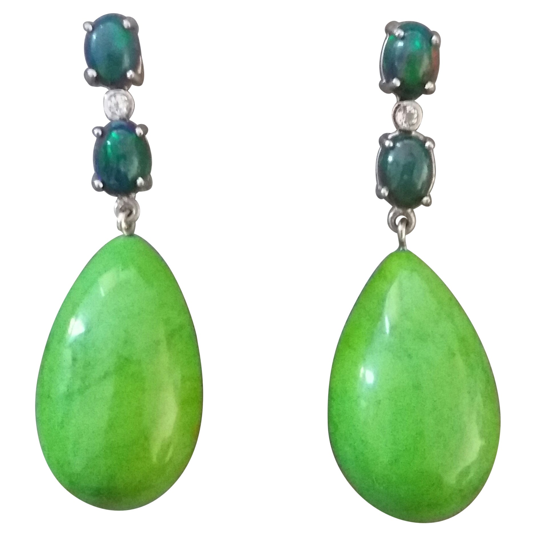 2 Black Opal Cabs 14k Gold Diamonds Green Turkmenistan Turquoise Drops Earrings For Sale