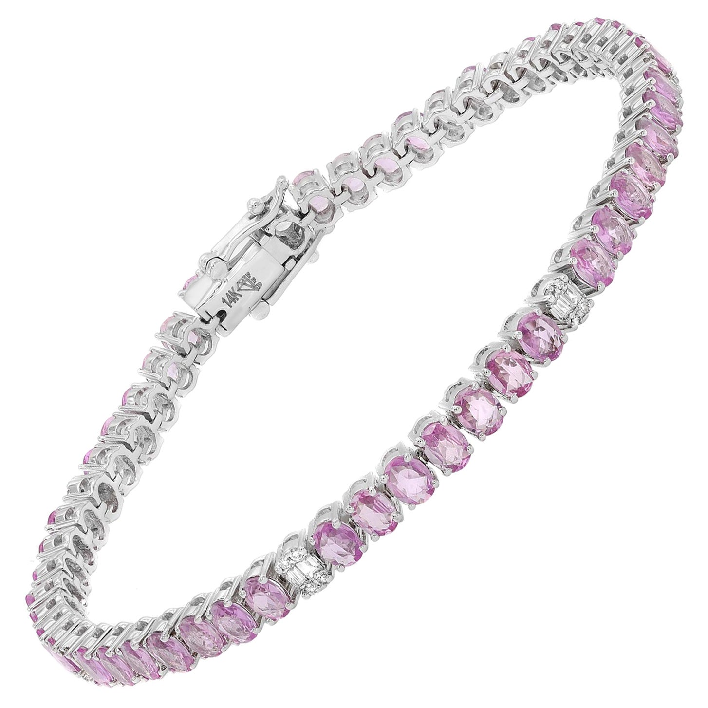 Bracelet tennis en or blanc 14 carats avec saphir rose de taille ovale et diamants