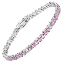 Bracelet tennis en or blanc 14 carats avec saphir rose de taille ovale et diamants