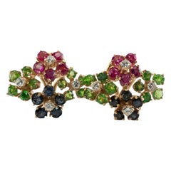 Diamond Ruby Sapphire Peridot Earrings 14K Gold Flower Set Available