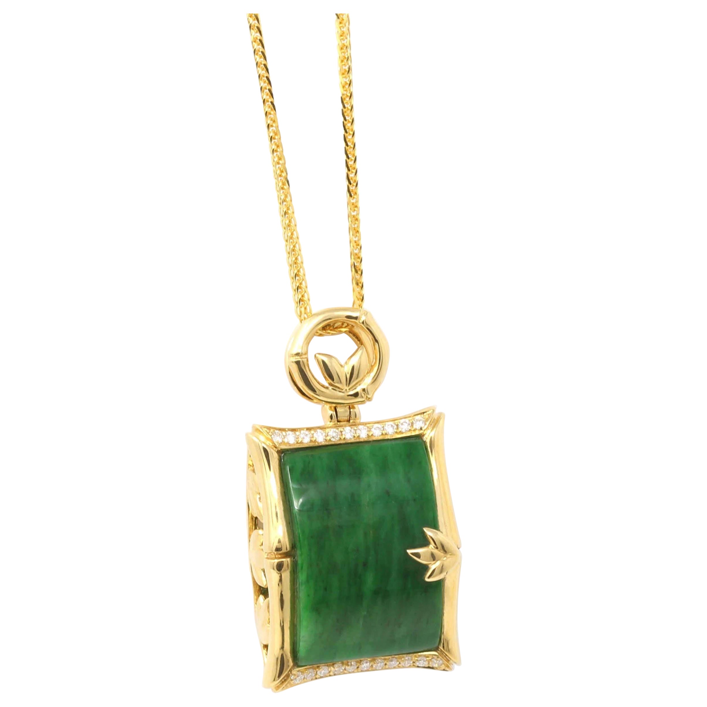 18k Gold Genuine Burmese Jadeite Bamboo Pendant Necklace with Diamonds For Sale