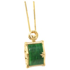 18k Gold Genuine Burmese Jadeite Bamboo Pendant Necklace with Diamonds