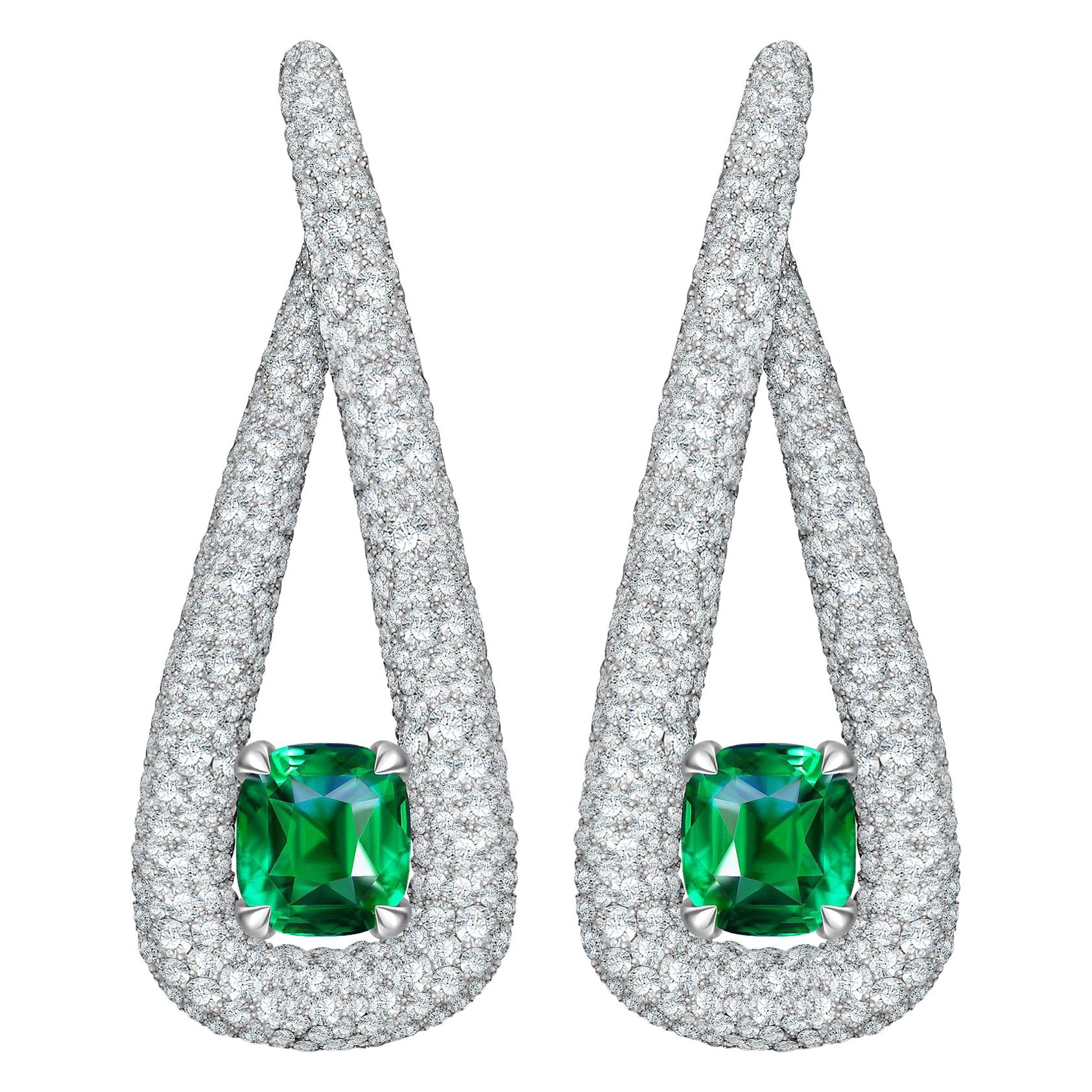 7.04 Carat Natural Emerald Diamonds 18 Karat White Gold Earrings by D&a For Sale