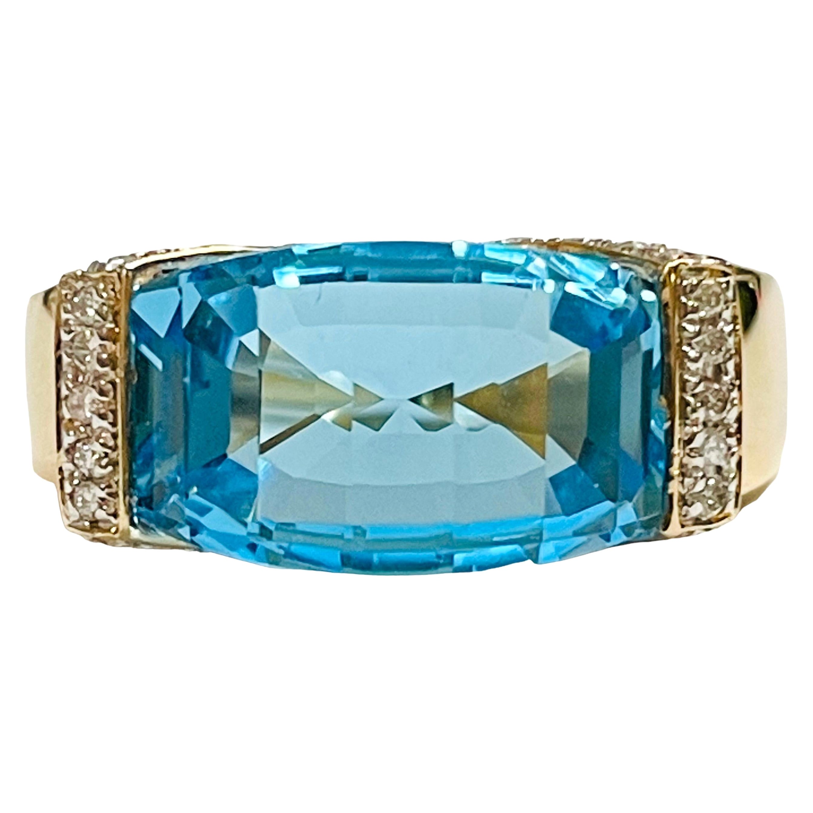 14k Yellow Gold Modern Cut 8 Ct Swiss Blue Topaz & Diamond Ring w Appraisal