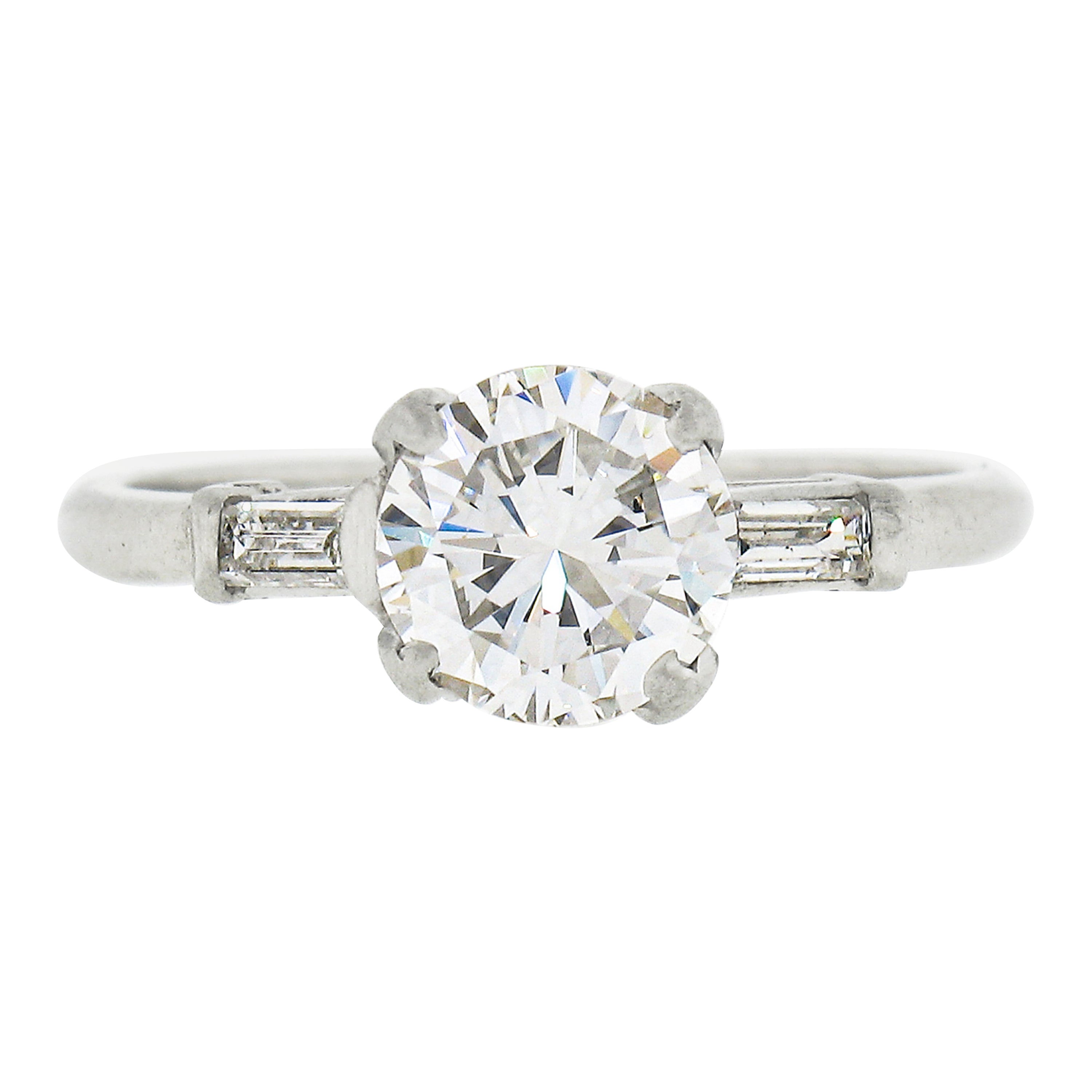 Vintage Platinum 1.14ctw GIA Round Diamond w/ Baguette Accent Engagement Ring For Sale