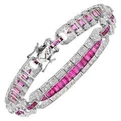 Art Deco Style 9.76 Ct. Ruby and Diamond Bracelet in 18K White Gold