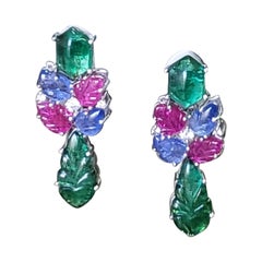 Carved Emerald, Blue Sapphire, Rubies & Diamonds Tutti Frutti Dangle Earrings