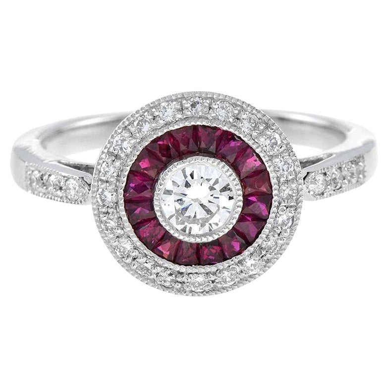 Art Deco Style Round Diamond with Ruby Engagement Ring in Platinum950 For Sale