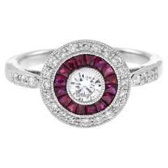 Art Deco Style Round Diamond with Ruby Engagement Ring in Platinum950
