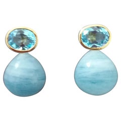 Oval Faceted Sky Blue Topaz 14K Yellow Gold Aquamarine Plain Round Drop Earrings