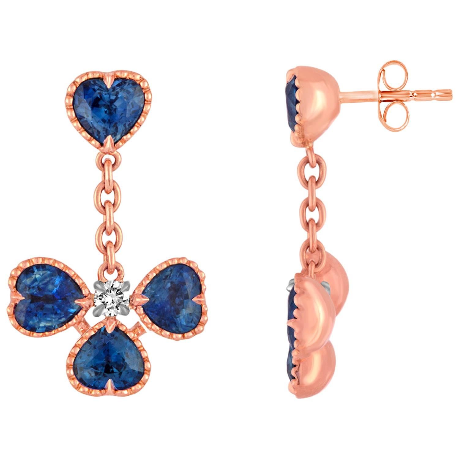 4.53 Carats Heart Shaped Sapphire Diamond Gold Dangle Earrings For Sale