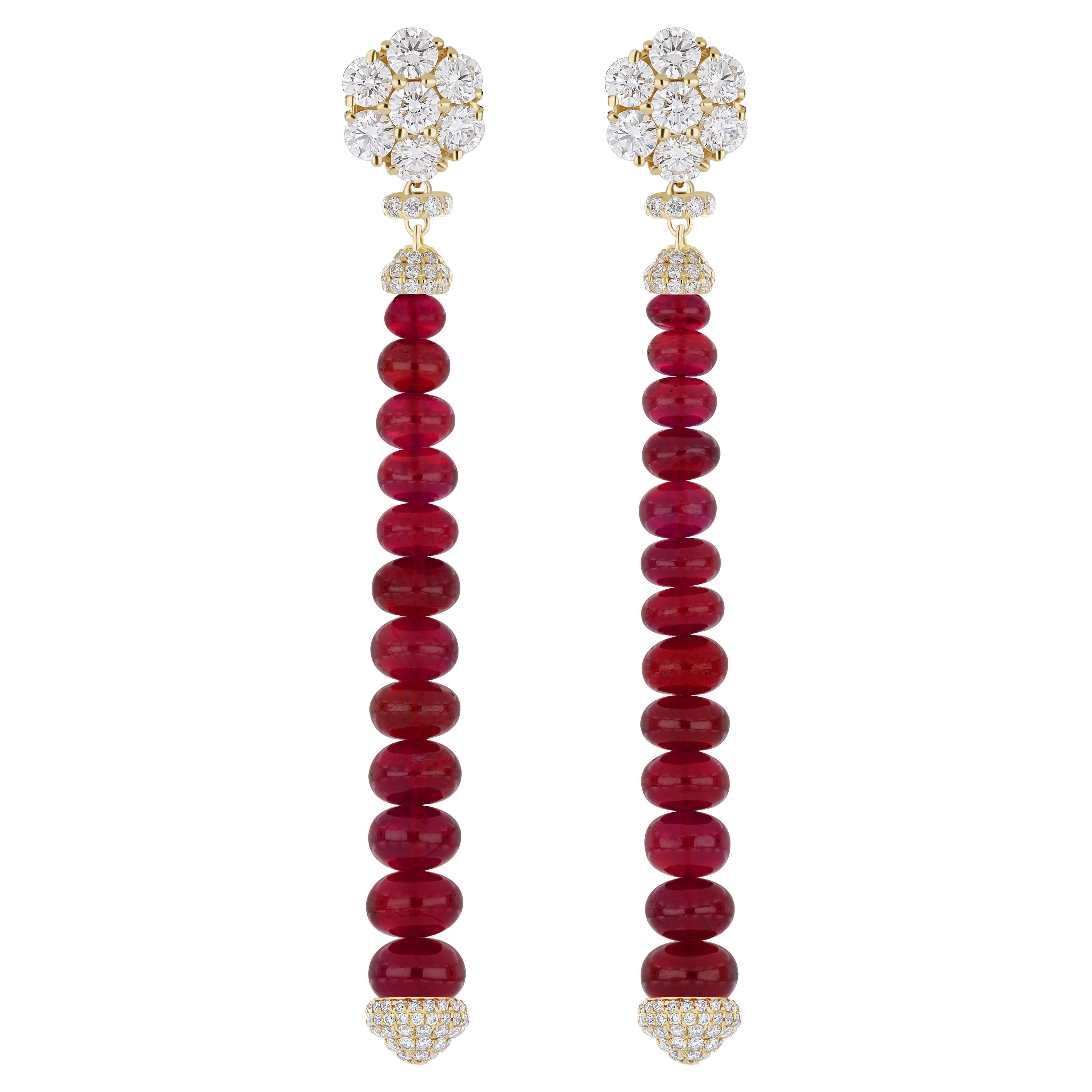 Ruby & Diamond in 18Karat Yellow Gold Hand-made Wedding Wear Drop Beads Earring