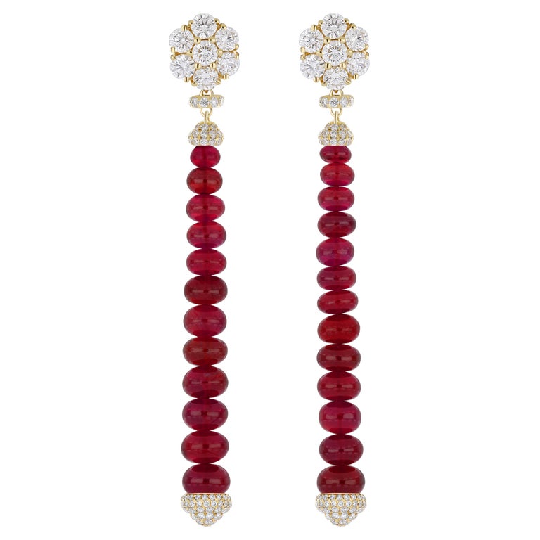 Boucles D'oreilles Pendantes En Or Jaune 22 Carats Avec Rubis Et Zirconium