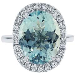 6.12 Carat Oval Cut Aquamarine Diamond Halo Platinum Engagement Ring