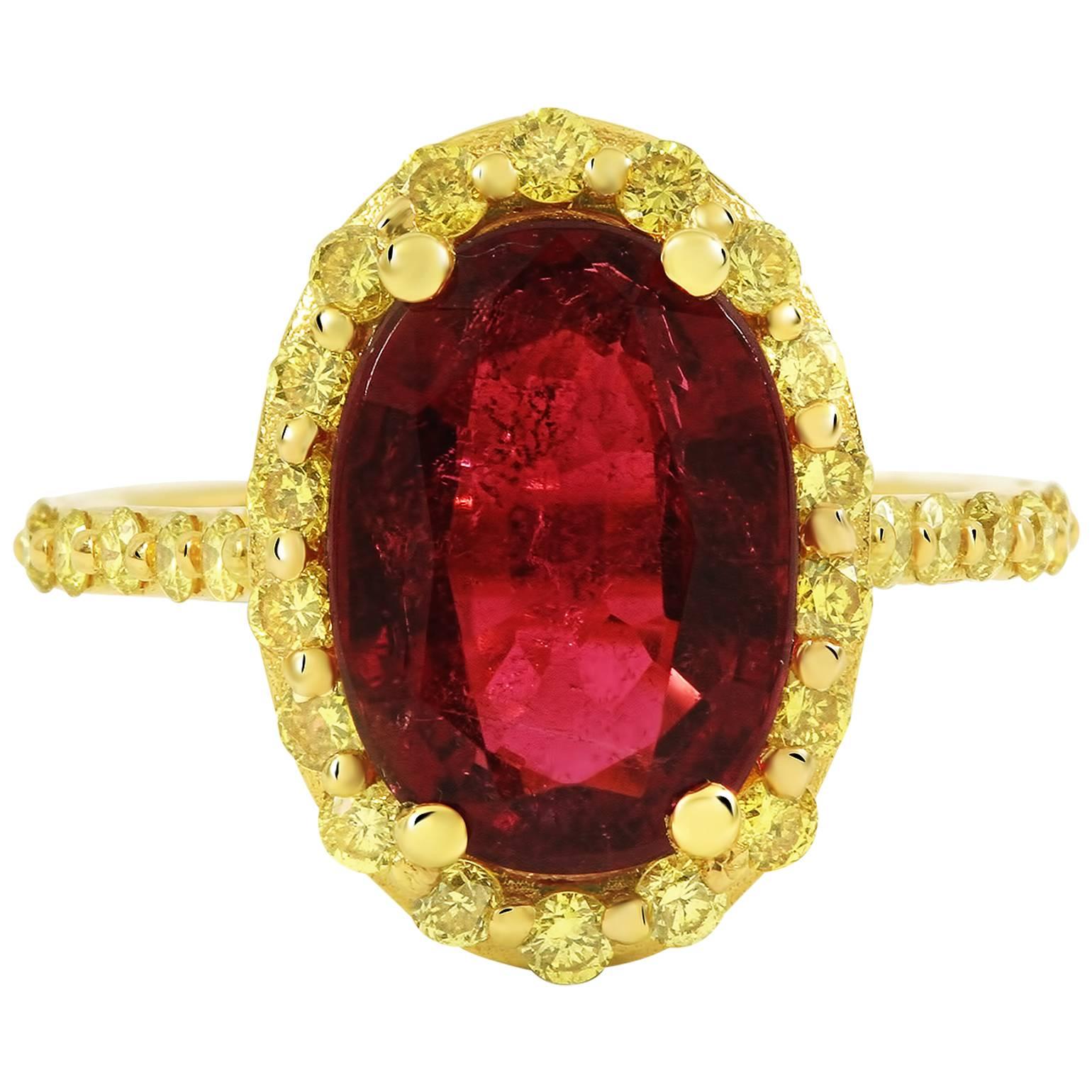 3.92 Carat Rubelite and Fancy Intense Yellow Diamond Halo Gold Engagement Ring For Sale