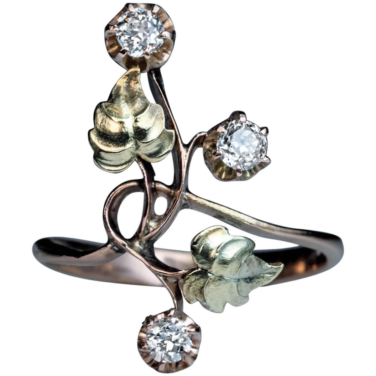Antique Art Nouveau Diamond Two Color Gold Flower Ring