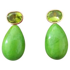Boucles d'oreilles en goutte rondes en or 14 carats avec péridot ovale facetté et turquoise du Turkmenistan