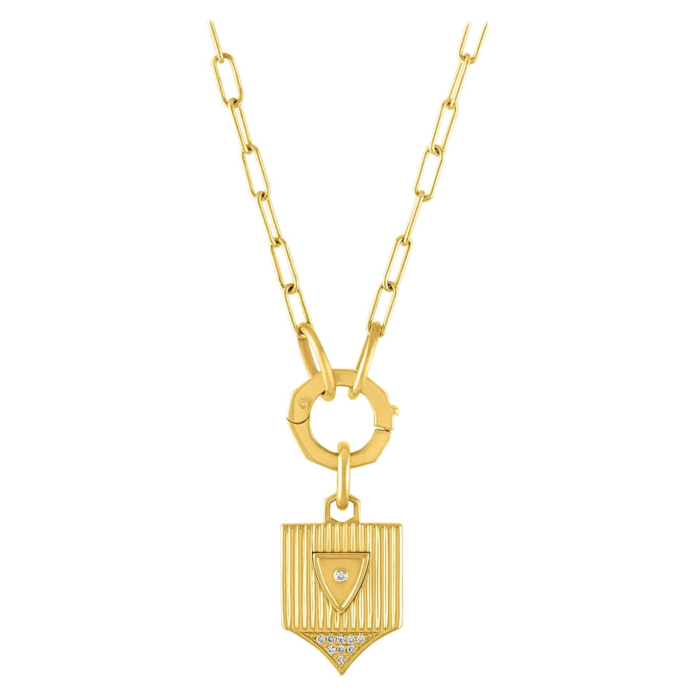 14 Karat Gold and Diamond Ribbed Shield on Link Chain with Charm Holder