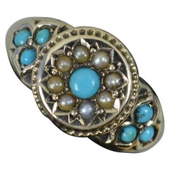 Victorian 9 Carat Gold Turquoise and Seed Pearl Cluster Ring