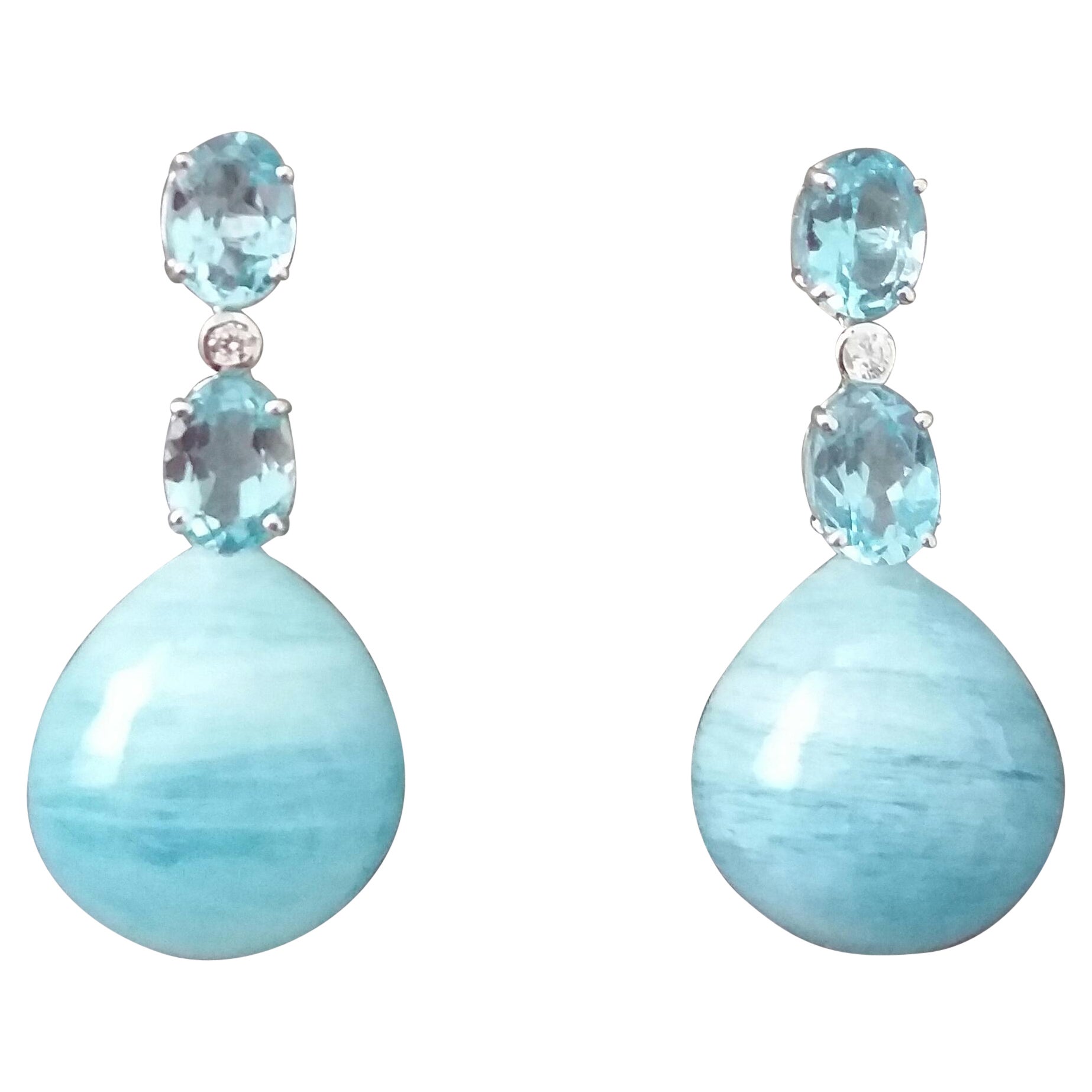 2 Oval Faceted Sky Blue Topaz Gold Diamonds Round Plain Aquamarine Drop Earrings For Sale