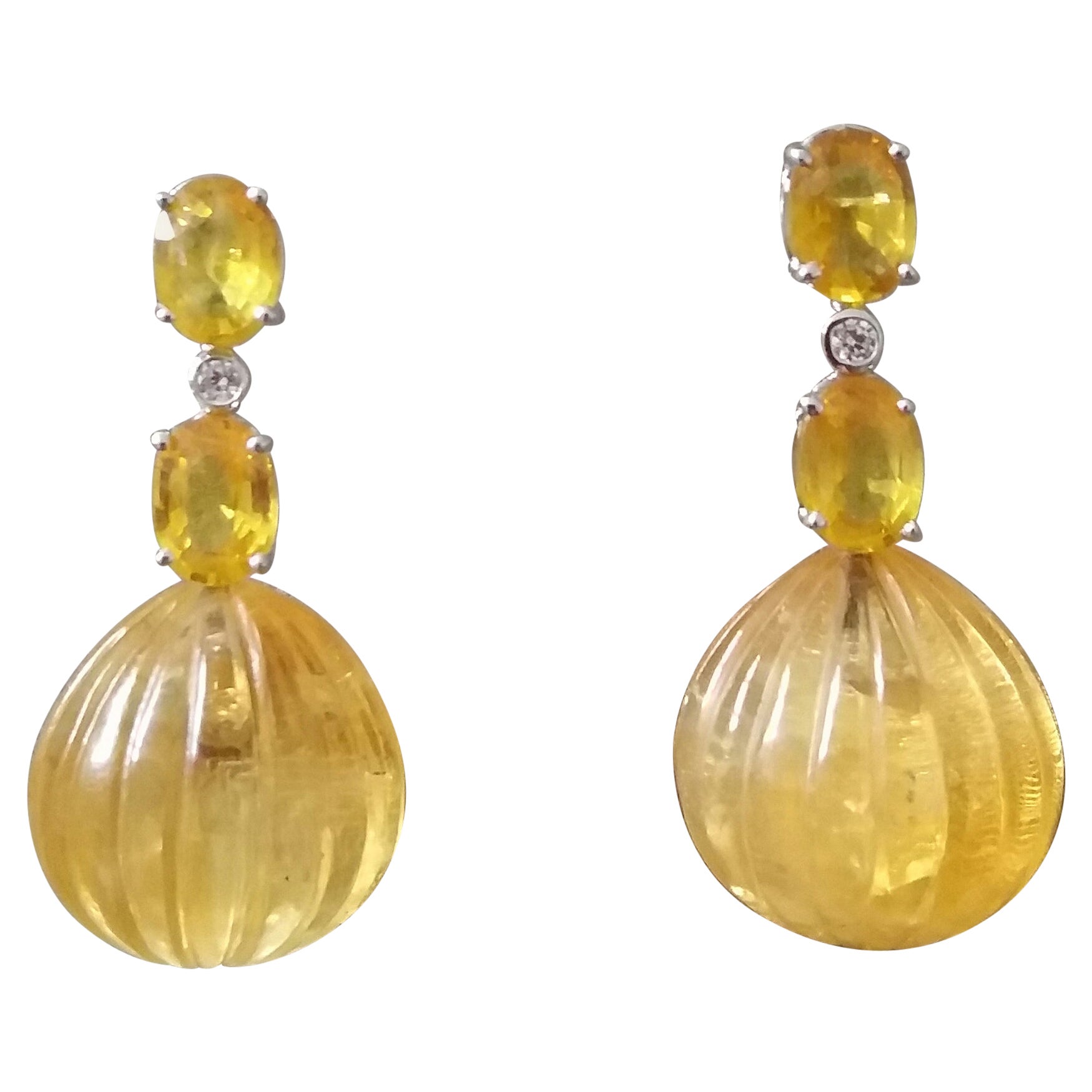 2 Oval Faceted Yellow Sapphires Gold Diamonds Carved Round Citrine Drop Earrings For Sale