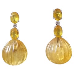 2 Oval Faceted Yellow Sapphires Gold Diamonds Carved Round Citrine Drop Earrings
