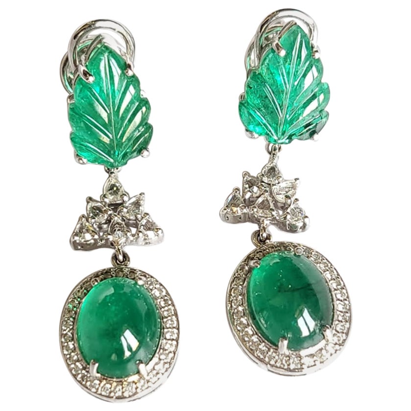 Set in 18K Gold, Natural Zambian Emerald Cabochons & Diamonds Dangle Earrings