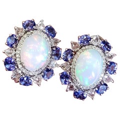 Set in 18K Gold, Ethiopian White Opal, Tanzanite & Diamonds Stud Earrings