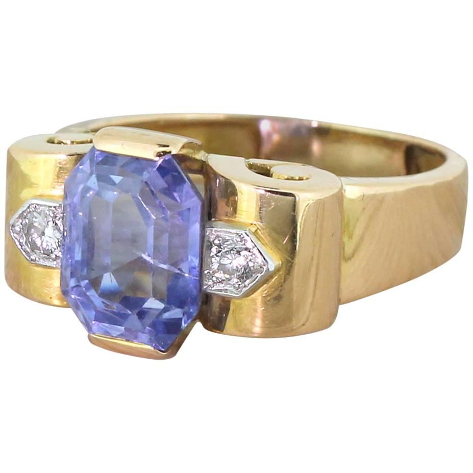 Retro 4.50 Carat Natural Emerald Cut Natural Sapphire Gold Ring