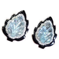 12.60 Carats, Deco Style Carved Aquamarine, Black Enamel & Diamond Stud Earrings