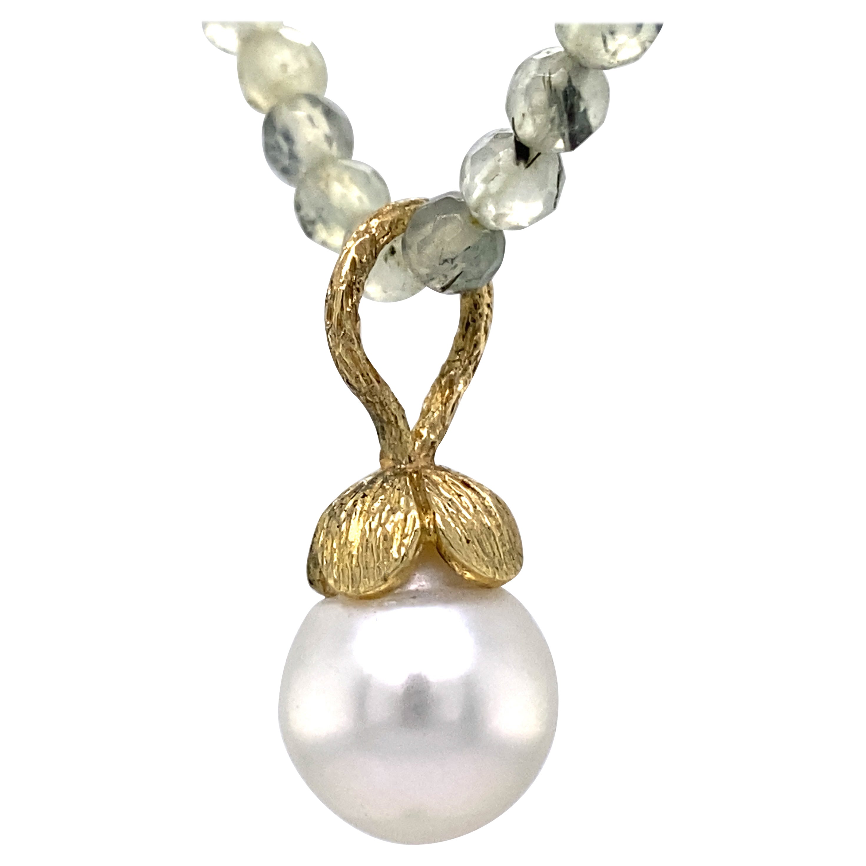 11.5mm South Sea Baroque "Petal Pearl" Fob in 18K Gold with Prehnite Bead Chain For Sale