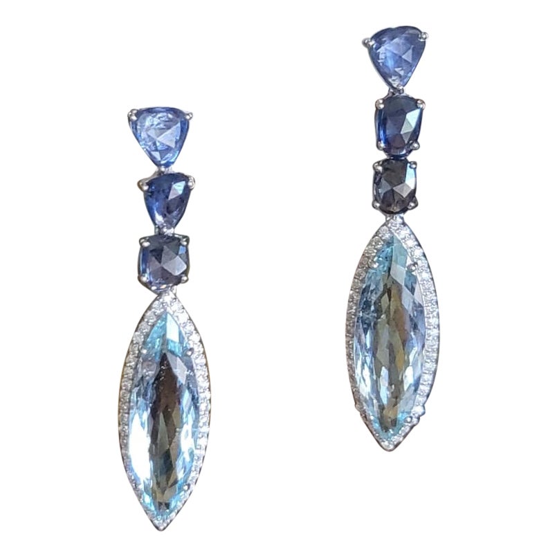 Set in 18K Gold, natural Aquamarine, Blue Sapphires & Diamonds Dangle Earrings