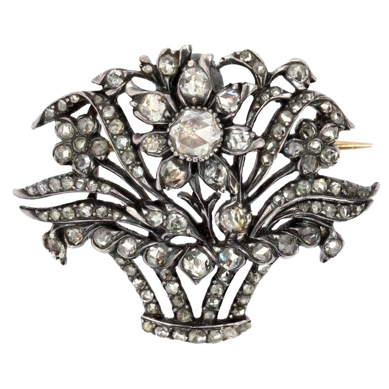 French 19th Century Diamonds 18 Karat Rose Gold Silver Bouquet Brooch For Sale