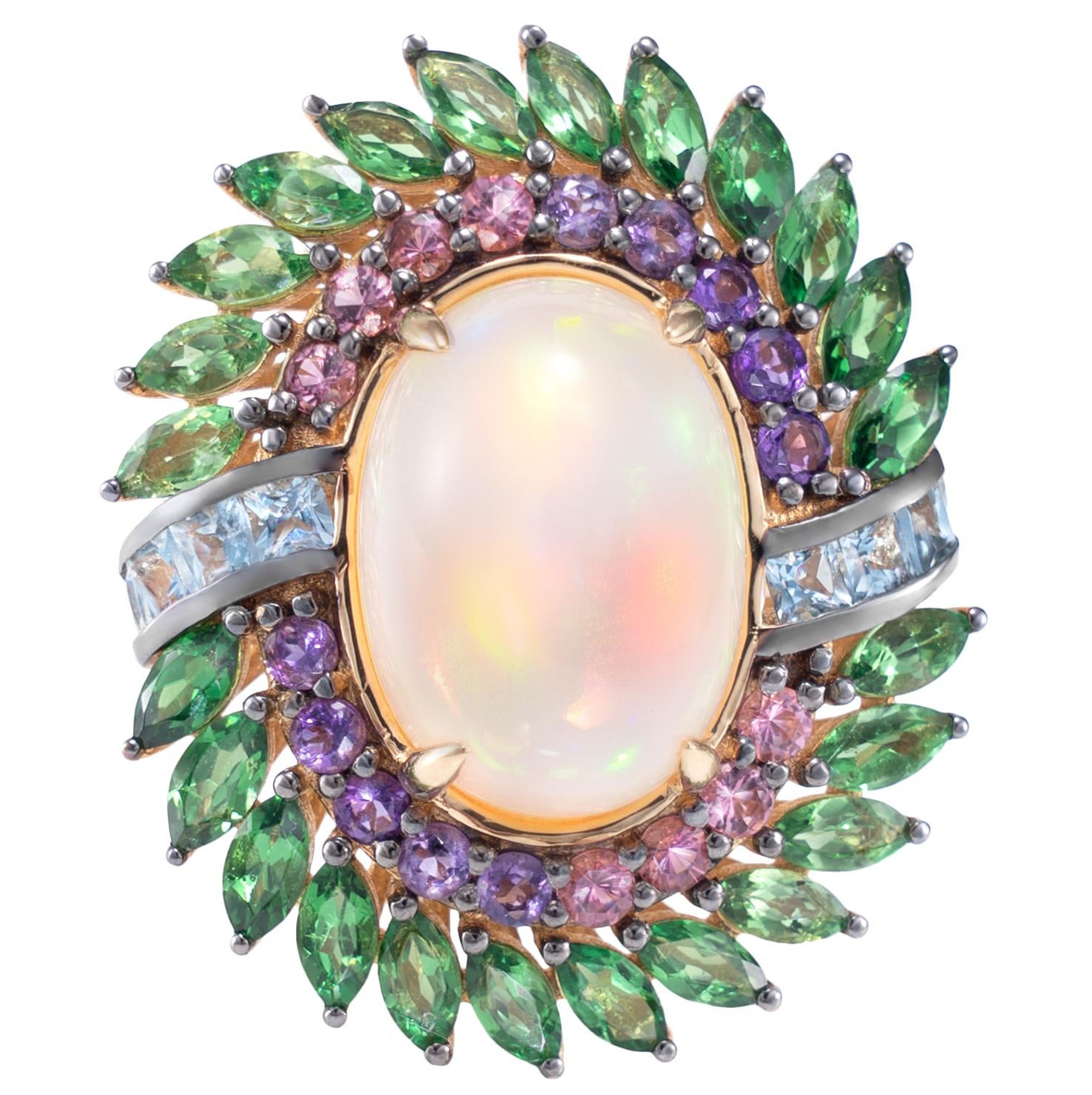 Opal Ring in 18 Karat Yellow Gold with Multi Gemstone and Diamond For Sale