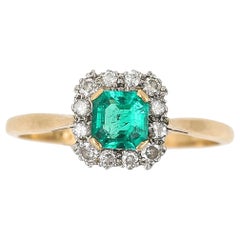 Mid Century 18k Gold Square Cut Emerald and Diamond Cluster Ring, Circa 1950