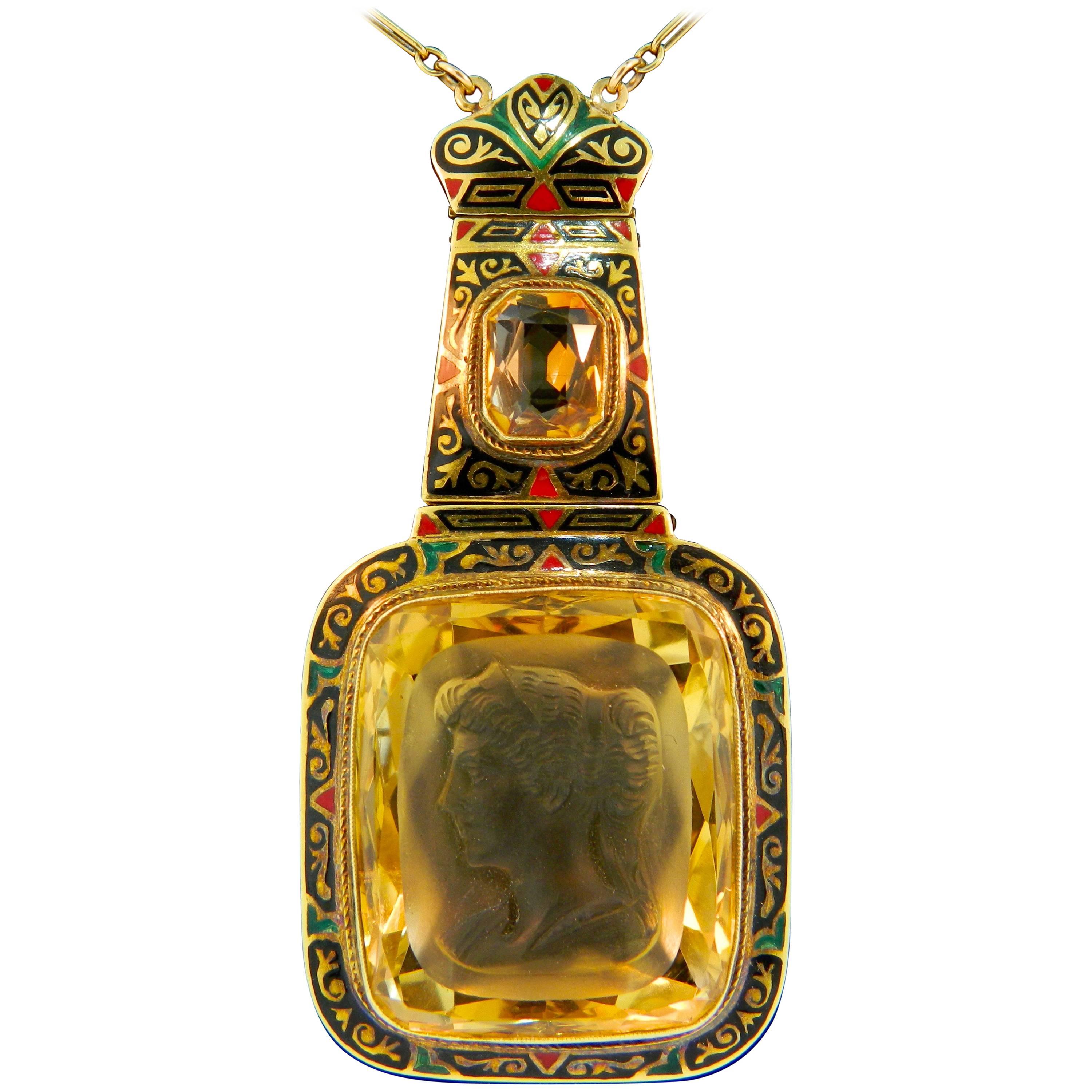 Victorian Enamel Carved Citrine Gold Necklace 