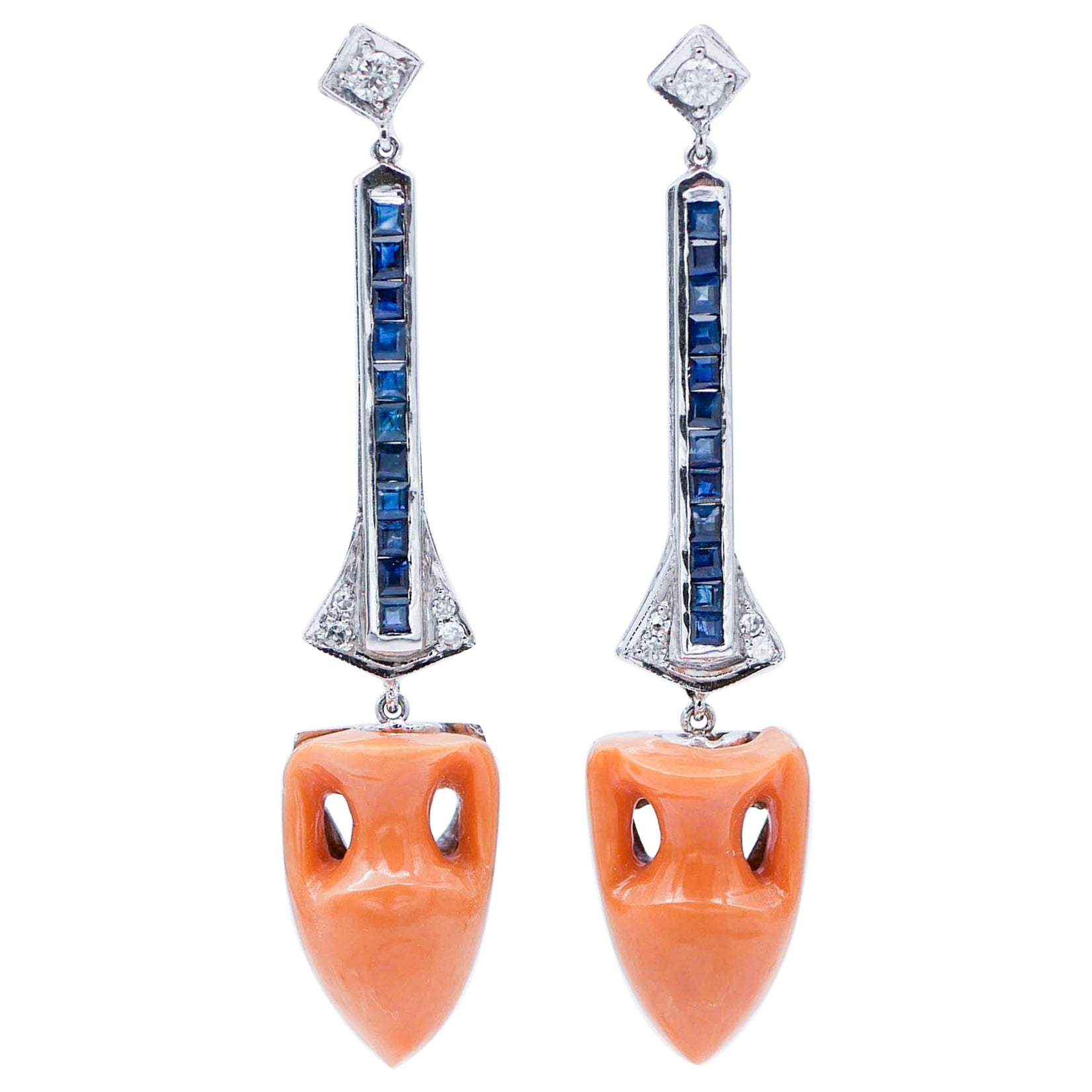 Coral, Sapphires, Diamonds, Platinum Dangle Earrings