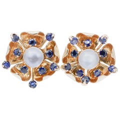 Vintage Moonstones, Sapphires, 14 Karat Rose Gold Earrings