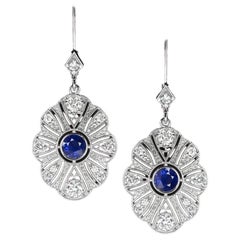Blue Sapphire and Diamond Glamorous Art Deco Style Earrings