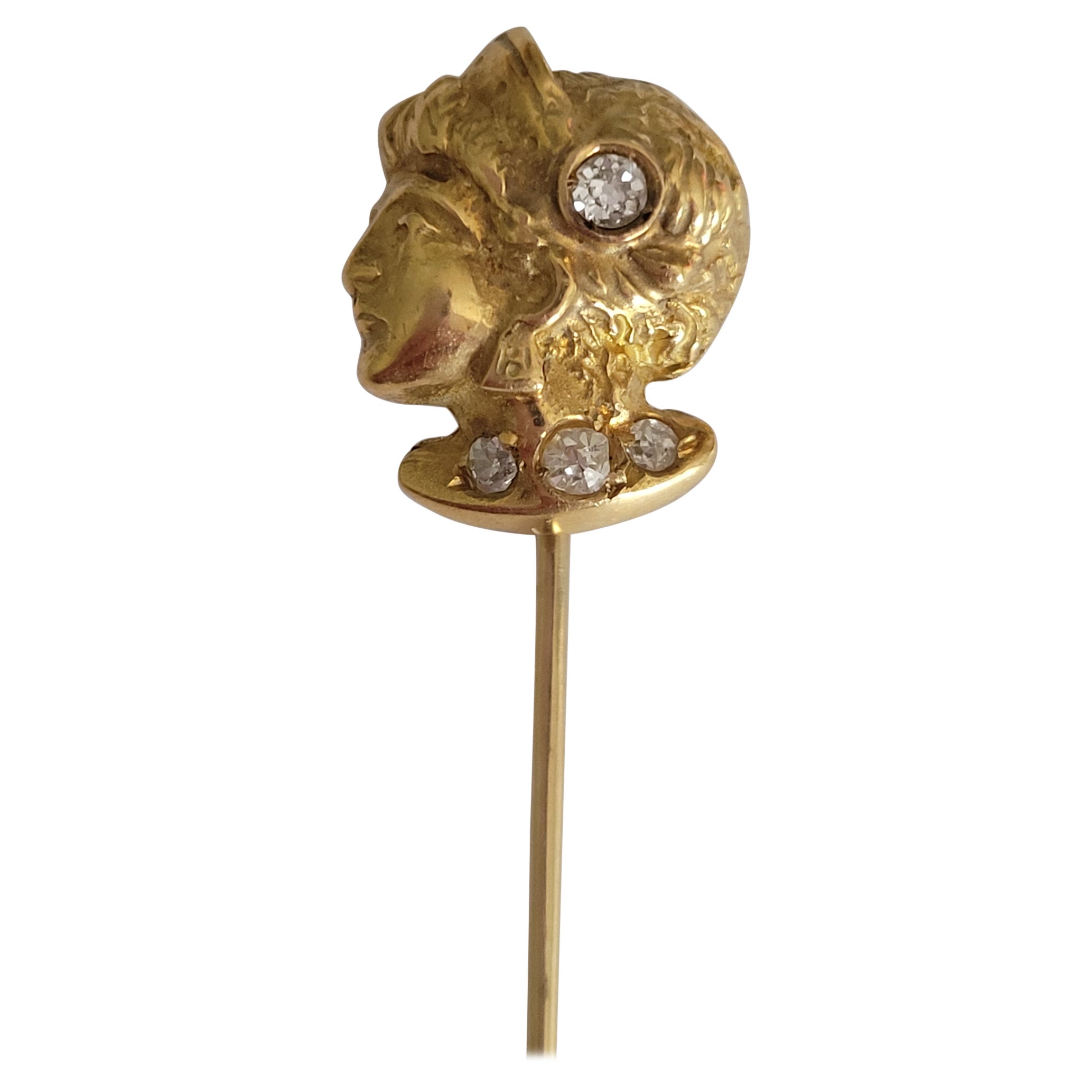 Art Nouveau French 18 Karat Gold Diamond head stick pin For Sale