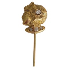 Antique Art Nouveau French 18 Karat Gold Diamond head stick pin