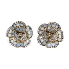 Vintage Pale Blue Plique a Jour Enamel, Diamond, Gold and Silver Flower Earrings