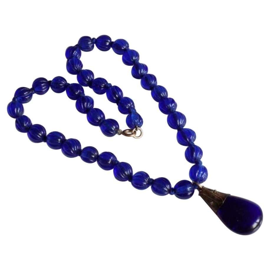 Georgian Blue glass beads necklace with pendant For Sale