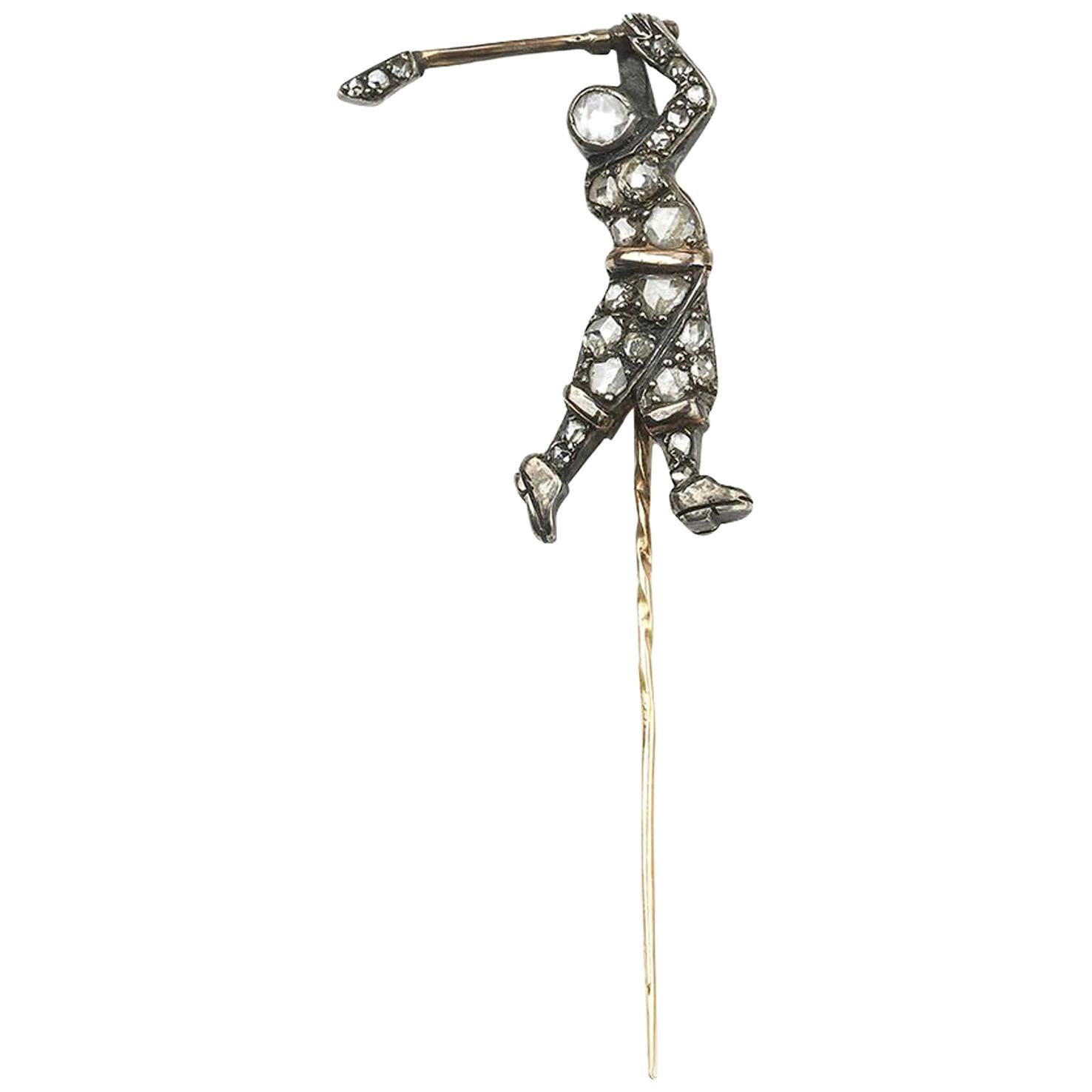 Antique Diamond Silver and Gold Golfer Stick Pin, Circa 1880