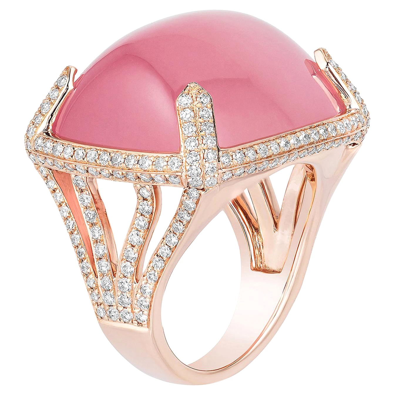Goshwara Rose Quartz Cabochon and Diamond Ring For Sale