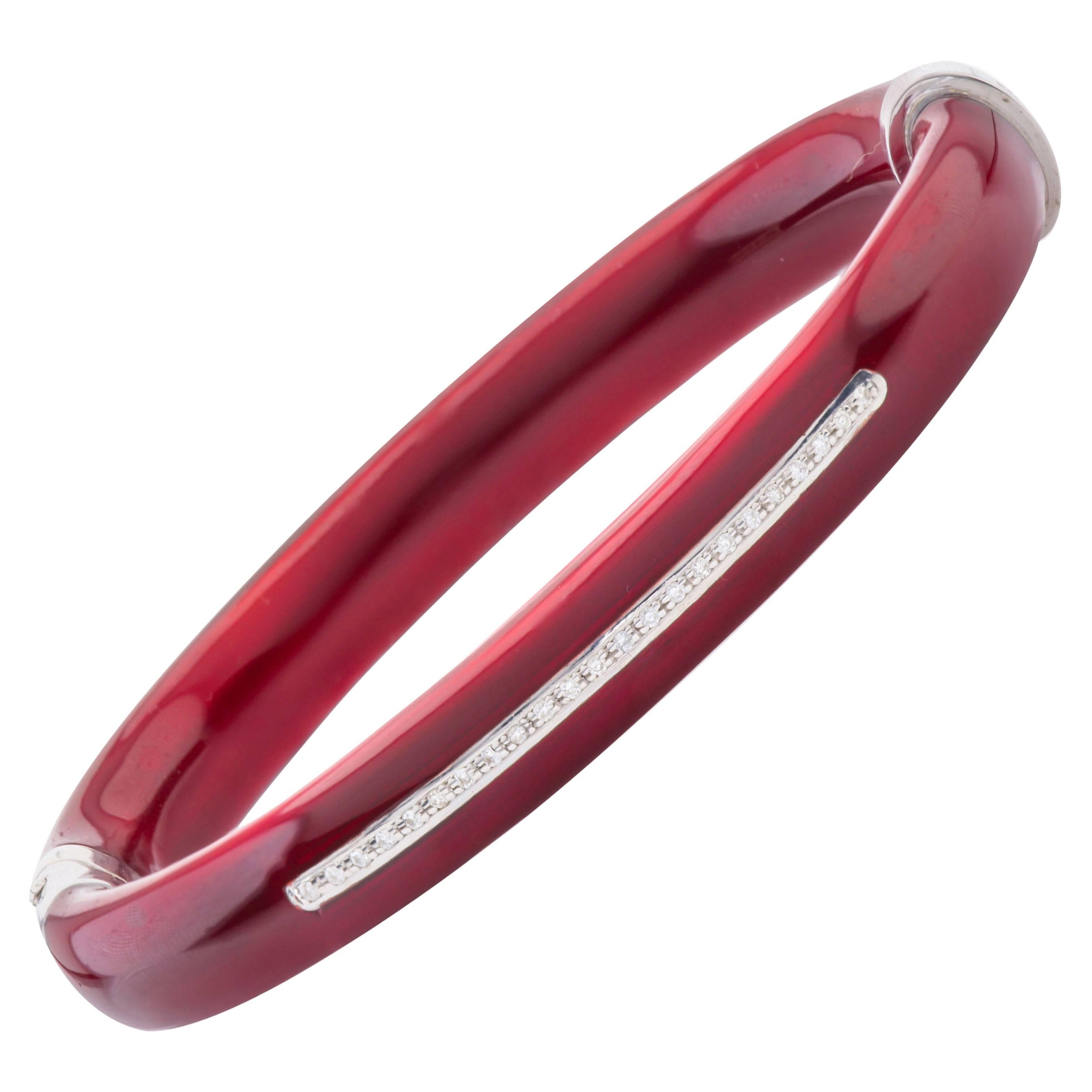 SOHO Diamond Red Enamel and Sterling Silver Bangle Bracelet For Sale